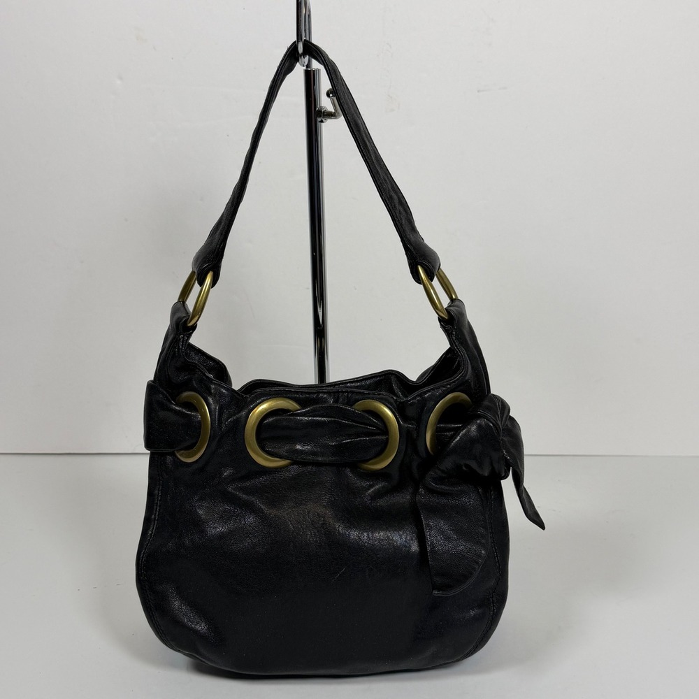 Vintage Y2K Kooba Small Black Leather Grommet Shoulder Bag Slouchy Purse